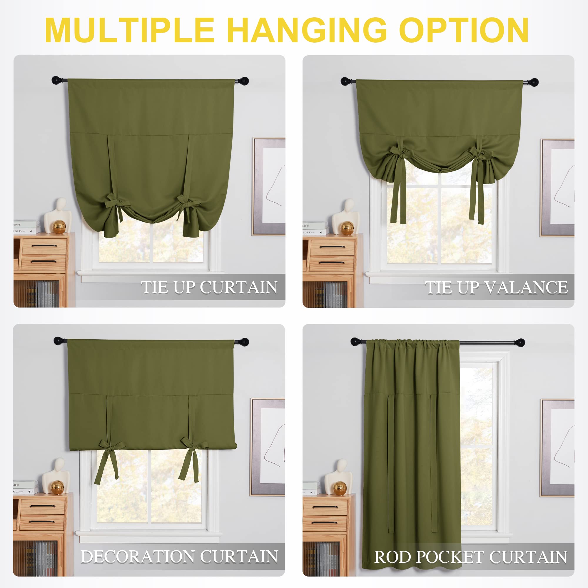 NICETOWN Short Blackout Curtain - Tie Up Shade for Window Thermal Insulated Room Darkening Rod Pocket Panel for Kitchen Christma